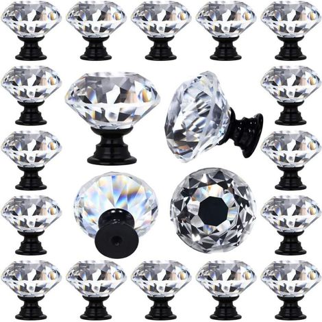 Lot de 12 poignées de tiroir en verre cristal transparent en forme de losange décoratif pour cuisine, commode, 30 mm (1-1/4"), base de couleur noire (1/4)