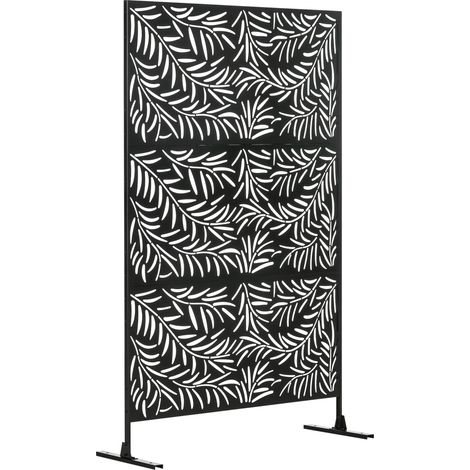 Brise-vue avec support, séparateur de pièce motif feuille de saule, 122 x 198 cm cloison séparateur de pièce pour jardin, terrasse, acier, Noir