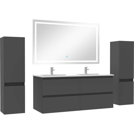 Ensemble meubles Salle de Bain 120cm double vasque + colonne + miroir lumineux Anthracite