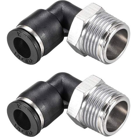 Deux dispositifs de pression pour coudes externes de raccords filetés de tuyauterie, tuyau de diamètre extérieur de 8 mm x filetage 3/8 NPT, dispositif de verrouillage par pression pneumatique. (1/3)
