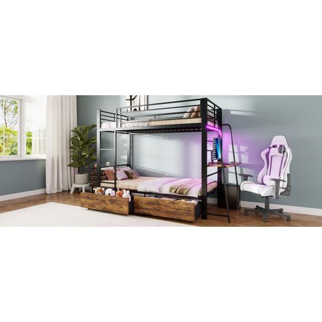 Metall-Hochbett 90x200 cm mit Schreibtisch, LED und Aufbewahrungsschubladen schwarz HAVRYA (1/5)