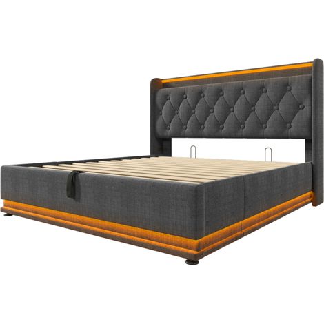 Lit coffre double 140 x 190 cm gris en lin avec LED 360°, tête de lit capitonnée et port USB-C (1/5)