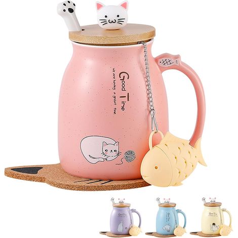 Taza de regalo para mujer con diseño de gato. Regalo de Navidad. Bonita taza de café de cerámica con tapa y cuchara de acero inoxidable. Taza de té o leche original para mujeres, mamás y amigas. 380 m (1/5)