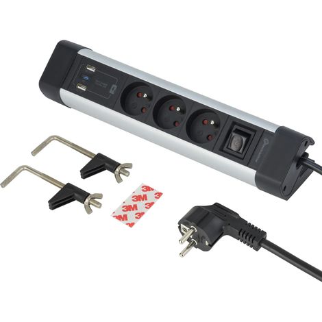 Bloc Multiprise pour Bureaux 3 Prises + 3 USB (1 USB C (Power Delivery) PD20W + 2 USB A 3.0A (QuickCharge), avec Crochets pour Fixation sur Le Bureau + 2 Autocollants Double Face (1/5)