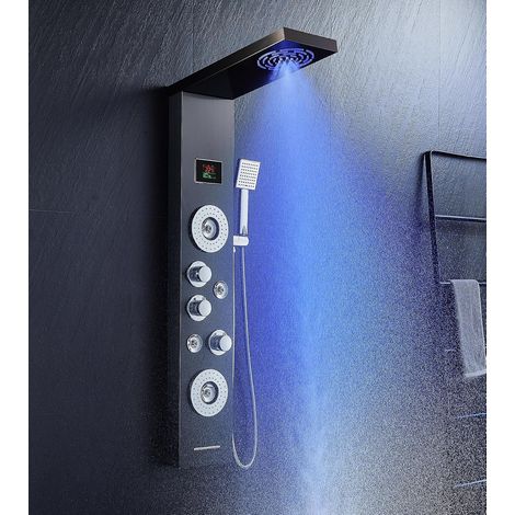 Colonne de douche avec mitigeur, colonne de douche à 6 fonctions avec affichage de la température LED, pluie et brume, 2 modes de jets de massage, pommeau et bec de bain, panneau de douche en (1/5)
