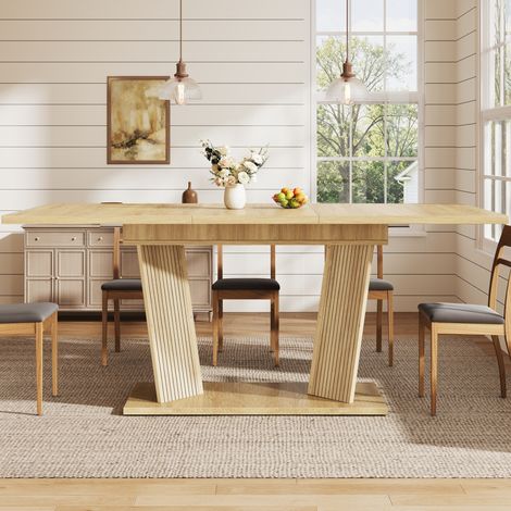 Mesa de comedor extensible (160x80x76 cm), diseño de doble soporte diagonal, altura ajustable, MDF, Natural y marrón claro (1/5)