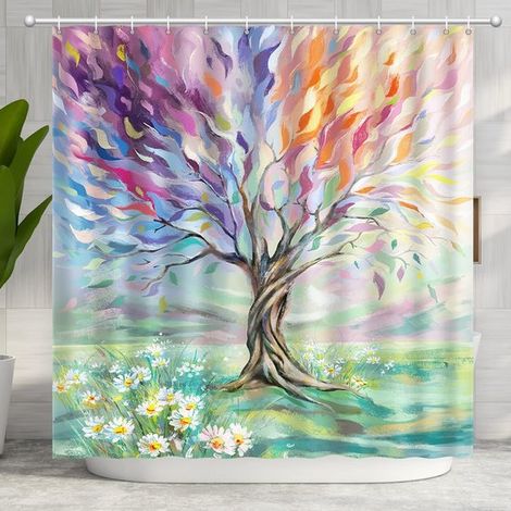 Cortina de ducha impermeable con diseño de árbol pintado al óleo de las cuatro estaciones, 180 x 180 cm, Poliéster, Incluye anillas (1/5)