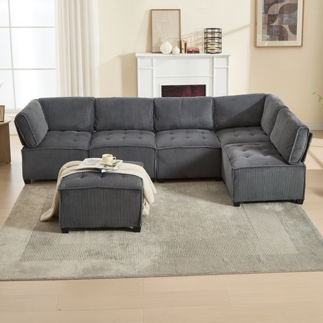 Sofá modular de 6 plazas en pana gris, convertible en U/L en sofá cama, con bolsillos laterales (1/5)