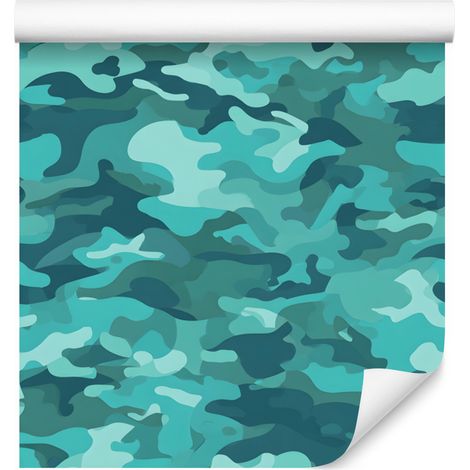 Papel pintado de camuflaje militar turquesa y azul marino para salón y dormitorio, 50x1000 cm. (1/5)