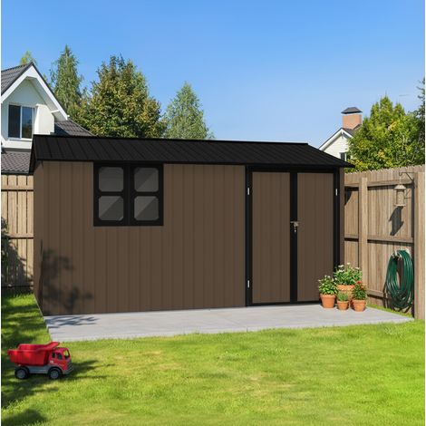 Abri de jardin en métal 362 x 285,5 cm avec porte battante, 2 aérations intégrées, - marron (1/5)