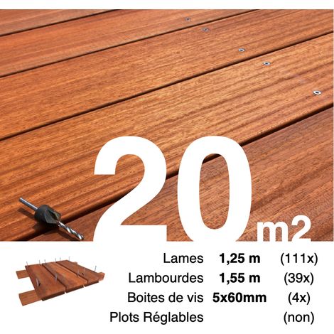 Kit terrasse bois exotique PADOUK pour 20 m² • Lames 1,25 m, lambourdes 1,55 m et visserie Inox • Livraison gratuite (1/4)