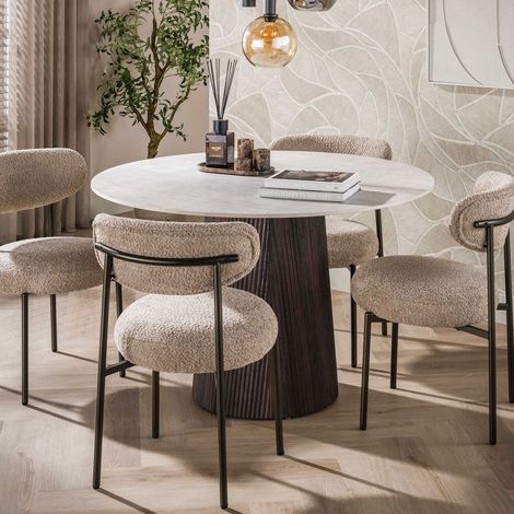 Table à manger ronde 120 cm en céramique effet pierre et bois foncé (1/5)