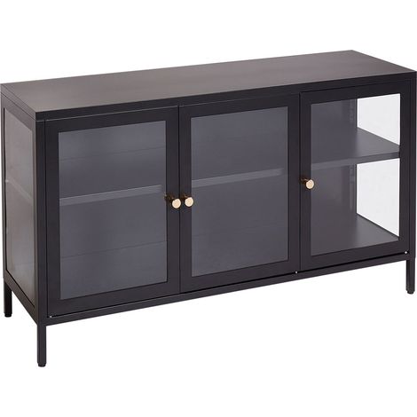 Credenza moderna in acciaio con vetro temperato a 3 ante con ripiani regolabili Nero Newport