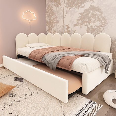 Lit d'enfant, lit rembourré 90x200 cm, canapé-lit avec lit escamotable, velours, beige, sans matelas (1/5)