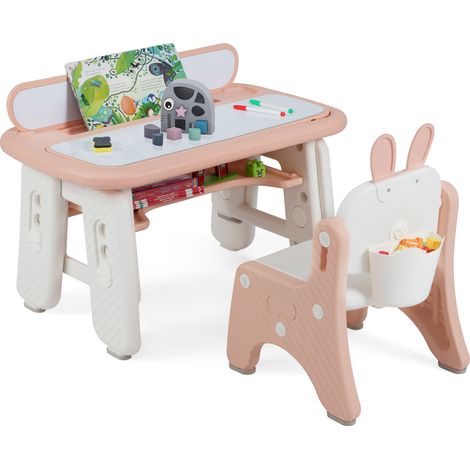 Kids Table and Chair Set with Flip-Top Bookshelf-Pink (1/5)