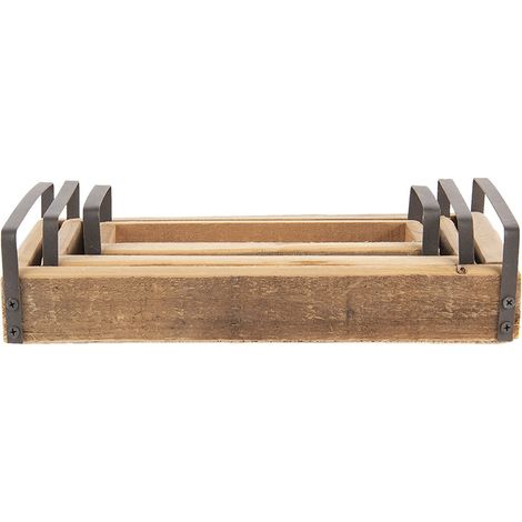 Lot de 3 Plateaux de Service et Décoration en Bois Marron avec Poignées en Métal Style Rustique - PANGIVO (1/4)