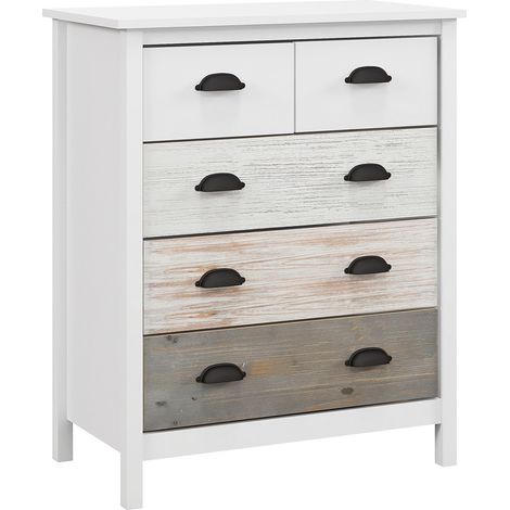 Commode 70x37x85 cm, avec 5 tiroirs, pieds en pin, poignées noires, anti-basculement, commode de rangement, pour chambre et salon - Blanc (1/5)