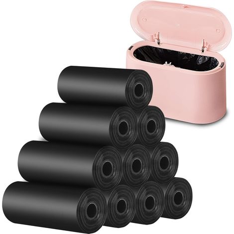 Mini Sacs Poubelle 10 Rouleaux, 150 Petits Sacs à Ordures Épais et Étanches pour Bureau Voiture Salle de Bain, Résistant à la Déchirure Sans Odeur pour 2L Poubelle de Table, 14x31cm (1/5)