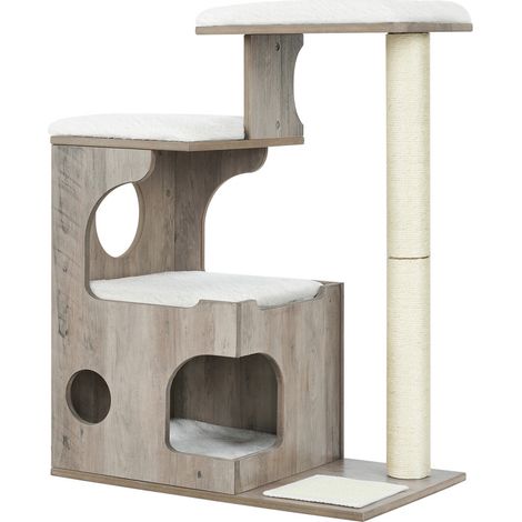 FEANDREA Arbre à Chat, Hauteur 86cm, 3 Plate-Formes et 1 Grotte, Panneau MDF avec placage de Bois, Poteau en sisal, Imitation Fourrure Lavable, Style Vintage, Grège et Blanc