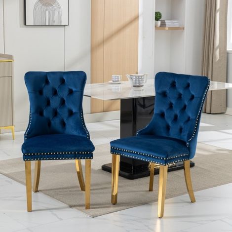 Lot de 2 Chaises de Salle à Manger Collection Moderne Haut de Gamme en Bois Massif Capitonné Velours, Pieds Acier Inoxydable Doré Garniture Cloutée, Style Contemporain Couleur Bleue (1/4)