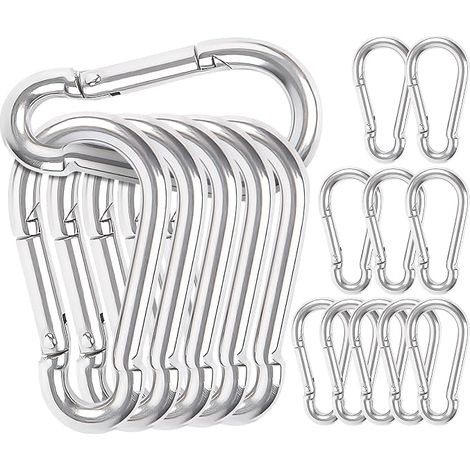 Lot de 16 mousquetons, 6 x 60 mm Mousquetons en Acier Porte Clef Mousqueton, pour hamac, Mousqueton à Ressort M6, Camping, pêche, balançoire et Accessoires de randonnée(Argent) (1/5)