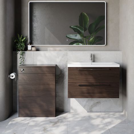 Napoli 390 Cento Brown Oak 1400mm Wall Mounted 2 Drawer Vanity Unit and Toilet Suite with Glide Basin - 1400mm - Chrome 480mm HandleWithout Kingston Toilet Pan