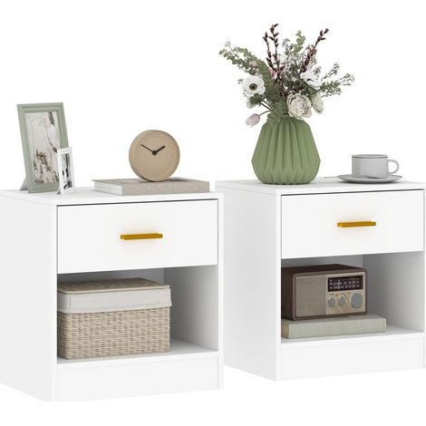 Set of 2 tables of bedside modern in wood with drawer and shelf open, 39 x 28 x 41 cm, fourmis (1/5)