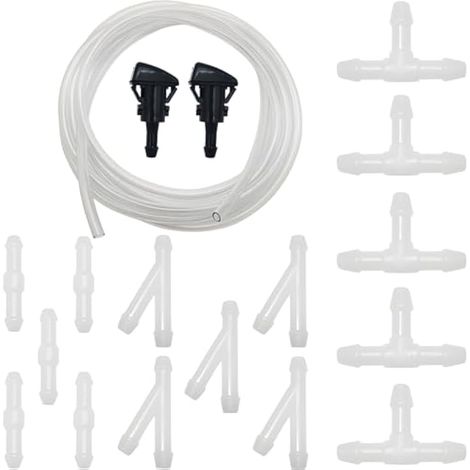 Kit de Tuyau Essuie Glace, avec 5M Mètres Tuyau de Liquide de Lave-Glace Universal, Raccord de Tuyau Blanc 15 Pièces (Type Y I T) et 2 Pièces Buses de Lave-Glace (1/4)