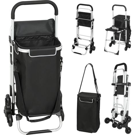 Chariot de courses pliable, caddie roulant portable avec siège escamotable, sac amovible, 46x59,5x97 cm, noir (1/5)