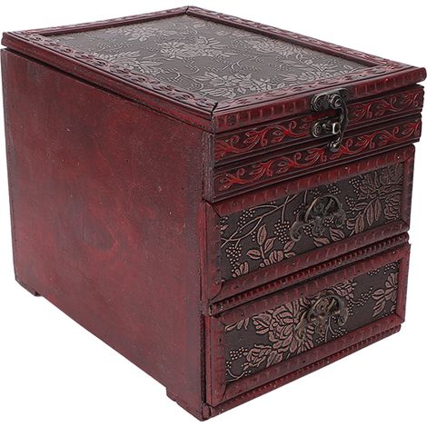 Coffret de maquillage ancien avec miroir, organiseur de bijoux en bois classique chinois, tiroir et rangement vintage élégant. (1/5)