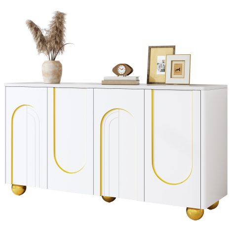 Mobile da soggiorno, credenza a quattro ante, mobile contenitore per sala da pranzo con decorazione ad arco dorato, con piedini in metallo a forma di sfera per corridoio e soggiorno (1/5)