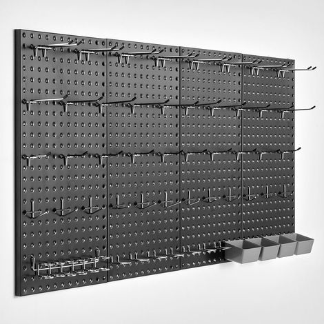 Panneaux perforés métalliques 60x30 cm, lot de 4, organisateur mural robuste avec accessoires, pour rangement d'outils, salon, garage, bureau, cuisine, noir. (1/5)