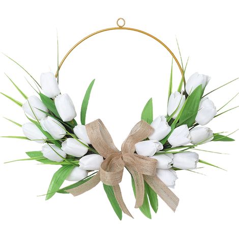 Couronne De Tulipes - Couronne Florale Pour Porte D'Entrée - Décoration De Printemps Extérieure Mariage Pâques - Blanc - 1 Pièce (1/5)