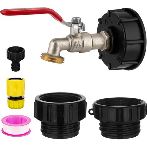 Adaptateur IBC 275 à 330 gallons NPT mâle 1/2" et GHT mâle 3/4" chromé. Adaptateur IBC à 3 queues : aileron fileté 2,44", aileron fileté 2" et grossier fileté 2". (1/5)