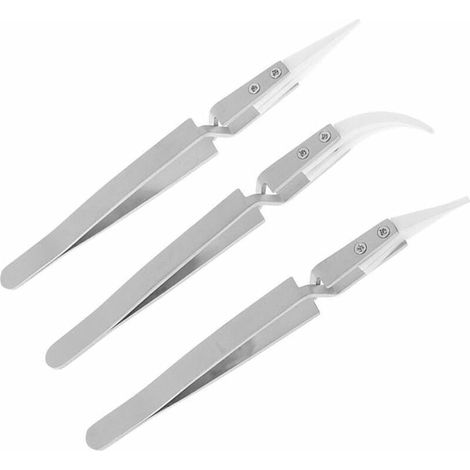 3 Pack Brucelles Antistatique en Céramique Pince à Épiler Pincettes Inversée de Précision Chaleur Resistante Brucelle Pince (Poignée Acier, Pointu Céramique)137mm