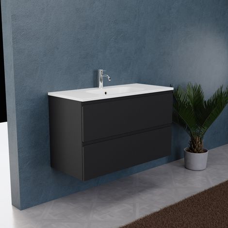 Inda - Badezimmerschrank B.100 mit mattiertem Waschbecken / Mattschwarz 2 Schubladen - Rubin (1/5)