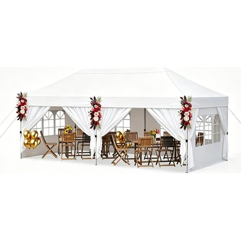 COSTWAY Tonnelle de Jardin Exterieur 3x6m, Tente de Réception avec 4 Parois Amovibles, Barnum Pliant Imperméable Réglable en 3 Hauteur avec Sac à roulettes et Sacs de Sable pour Marché Fête (Blanc)