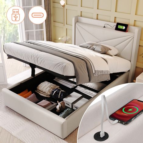 Lit simple 90x200 avec rangement, tête de lit, USB Type-C et sommier lattes - Revêtement lin, idéal jeune Beige (sans matelas) (1/5)