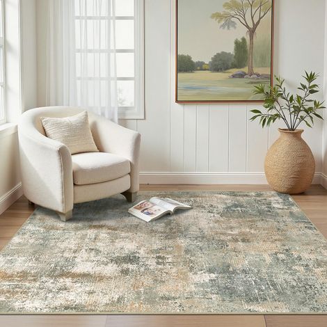 Tapis Salon Résumé 200x290cm Lavable en Machine Rug AntidéRapant Poil Ras, pour Chambre Salle a Manger Descente de Lit Bureau, Cuisine, Vert Gris et Crème (1/5)