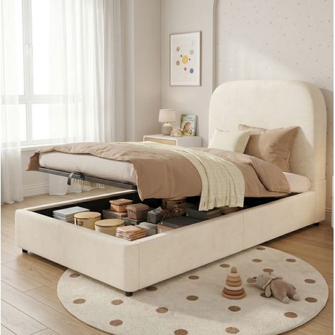 Lit simple capitonné moderne beige 90x190 cm avec tête de lit en velours, sommier à lattes et coffre hydraulique
