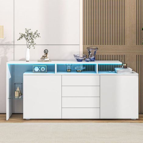 Buffet haut led blanc brillant meuble de rangement multifonction pour salon et salle à manger (1/5)