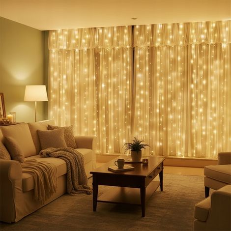Rideau de Noël LED 3x2m, 200 LED micro USB, télécommande, crochets, blanc chaud (1/5)