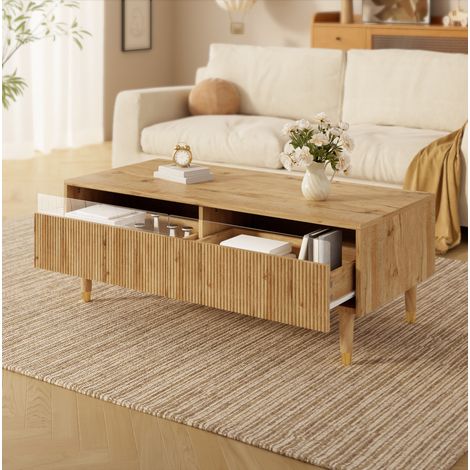 Table basse LED 110 x 50 x 40 cm effet bois, 2 tiroirs, Bluetooth - CHICFURN (1/5)
