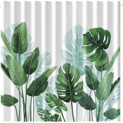 Rideau de Douche Anti-moisissure 180 x 200 cm – Strelitzia – Polyester – avec Anneaux – Rideaux de Douche - Shower Curtain - Motif Feuilles Tropicales - Tissu Lavable en Machine, Vert et blanc (1/5)