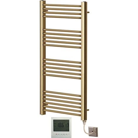 York Flat Brushed Brass Electric Towel Rail 500mm Wide x 1200mm High + 7 Day Timer/Thermostat