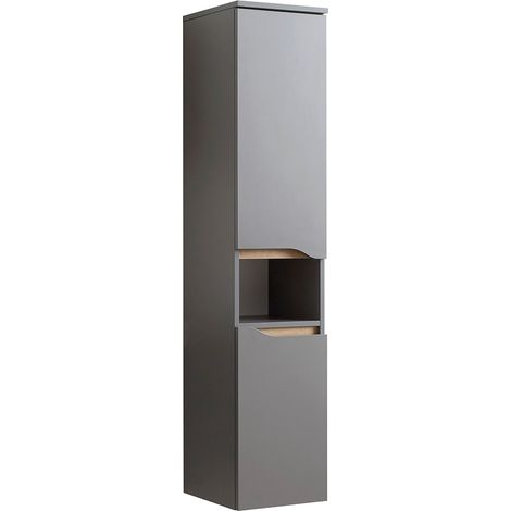 Badezimmer Midischrank, 141 cm hoch, QENA-66 in Quarzgrau Matt Touch mit Riviera Eiche quer Nb., B/H/T ca. 30/141/33 cm (1/5)