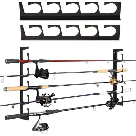 Support pour cannes à pêche, support de rangement mural ou au plafond pour cannes à pêche, adapté aux garages, abris de jardin et sous-sols, peut contenir 5 cannes à pêche. (1/5)