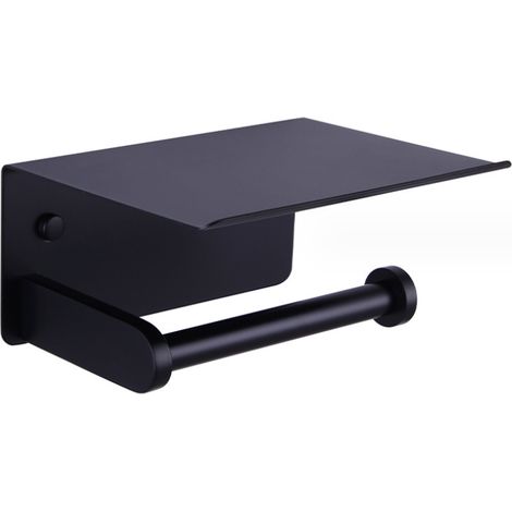 Toilettenpapierhalter, wandmontierter Toilettenpapierhalter mit Ablage, selbstklebend, Aluminium (schwarz) (1/5)