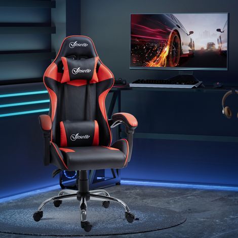 Gaming-Stuhl, Rennstuhl, Drehstuhl mit verstellbarer Höhe, 135° Neigung und Lendenwirbelstütze, 63 x 67 x 122–130 cm, Rot