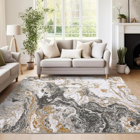 Tapis lavable – Design marbre moderne gris, or, blanc – antidérapant, doux, pliable, facile d’entretien, anti-salissures, hydrofuge – Pour salon, chambre, salle à manger, bureau – Modèle Ash (1/5)